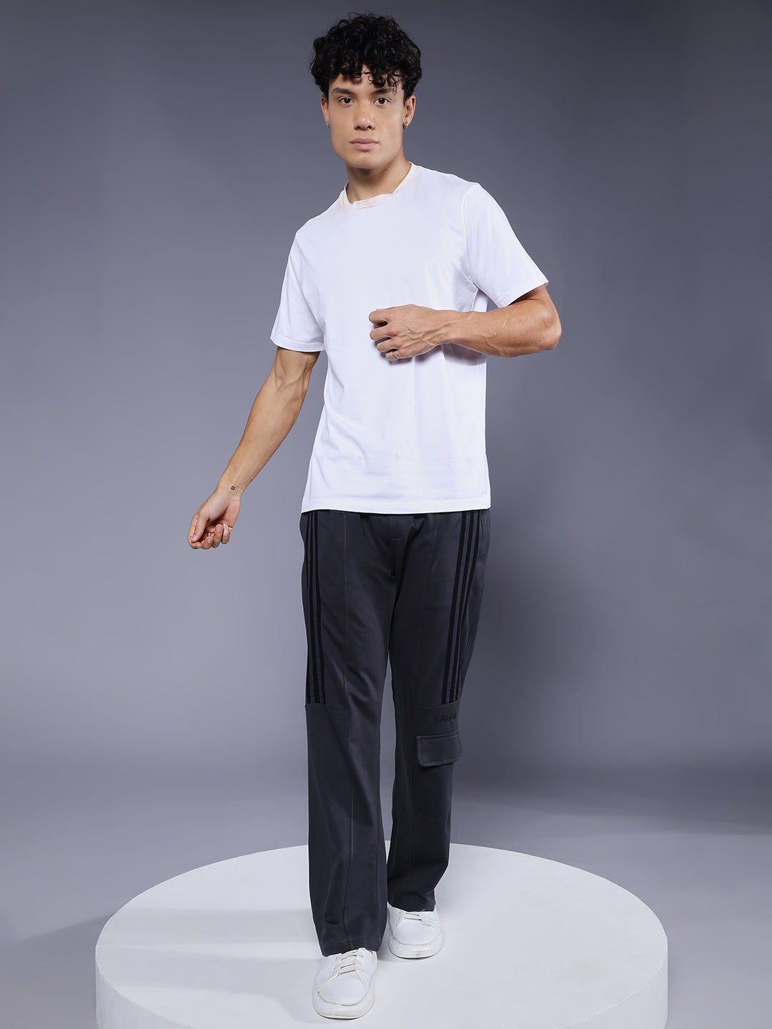 Men Premium Terry Cargo Pants with Side Stripes - Dark Grey