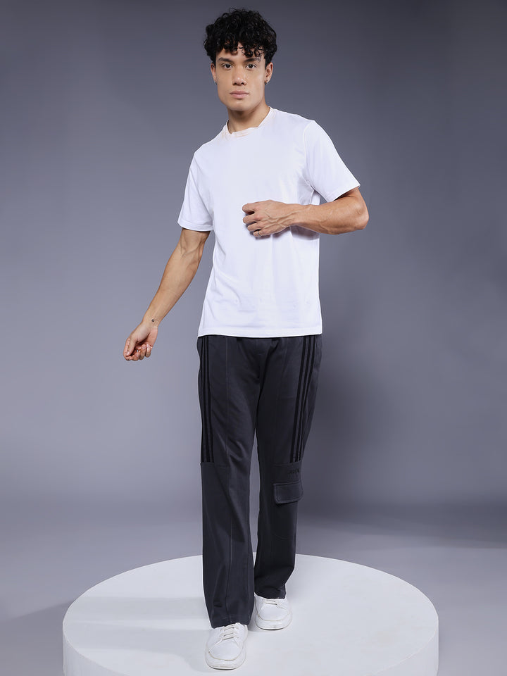 Men Premium Terry Cargo Pants with Side Stripes - Dark Grey