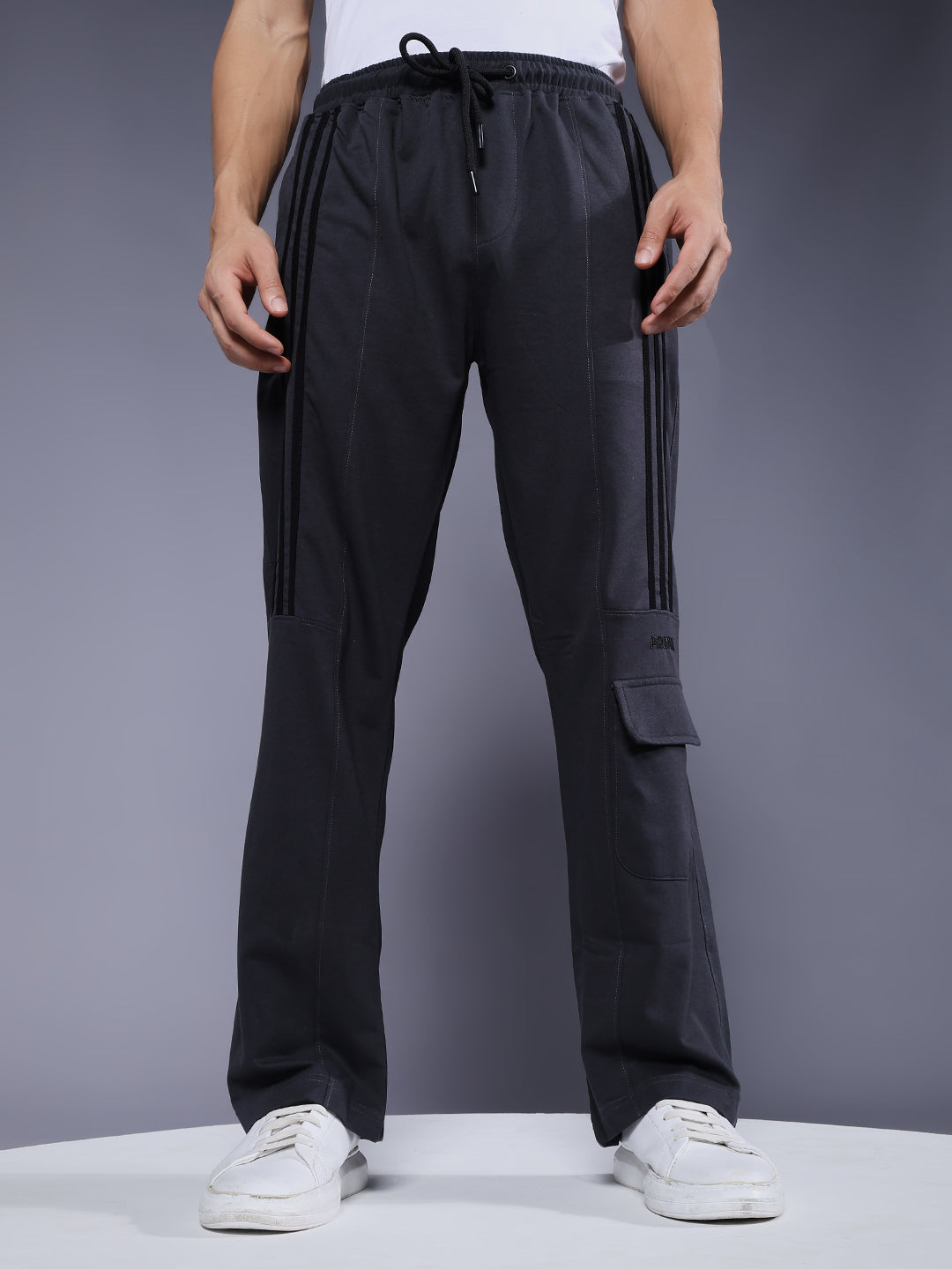 Men Premium Terry Cargo Pants with Side Stripes - Dark Grey