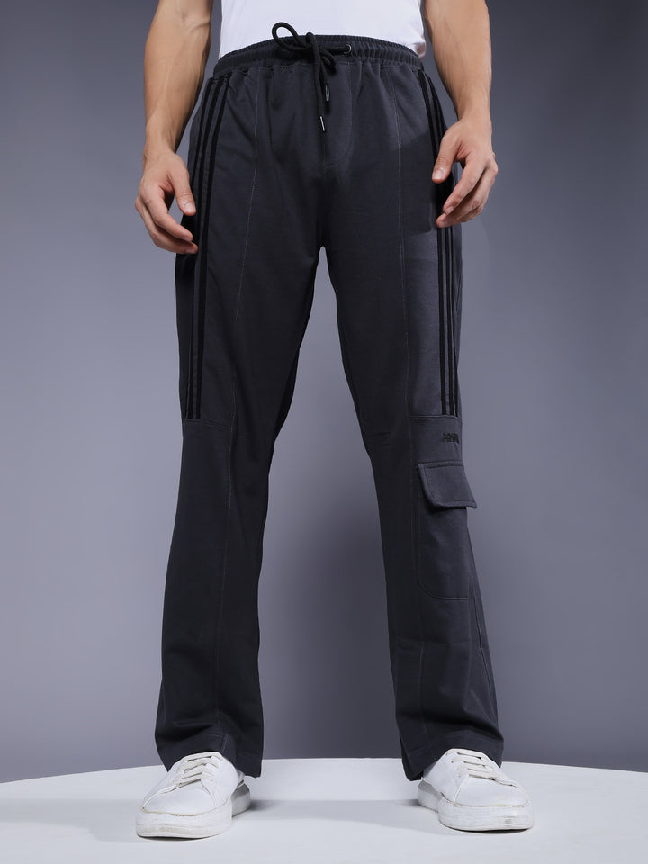 Men Premium Terry Cargo Pants with Side Stripes - Dark Grey