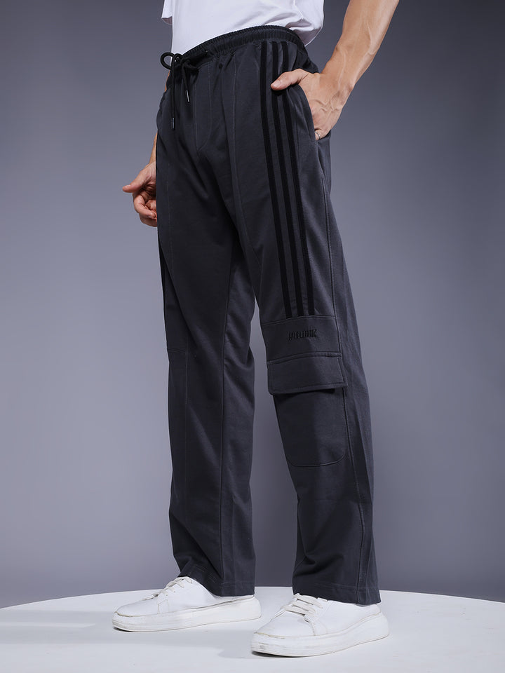Men Premium Terry Cargo Pants with Side Stripes - Dark Grey