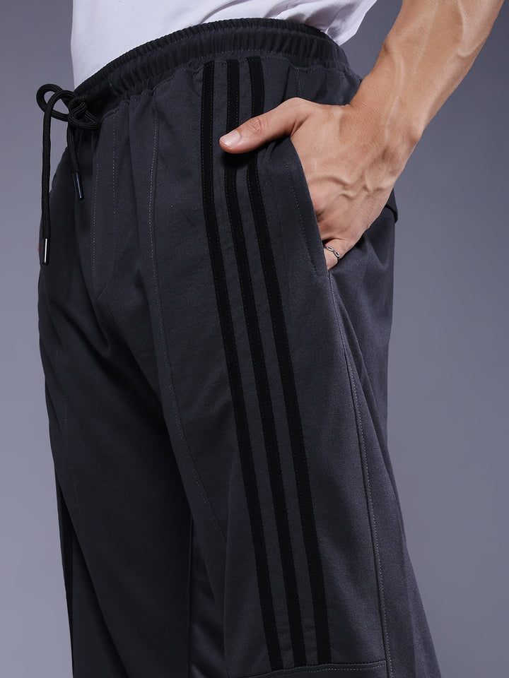 Men Premium Terry Cargo Pants with Side Stripes - Dark Grey