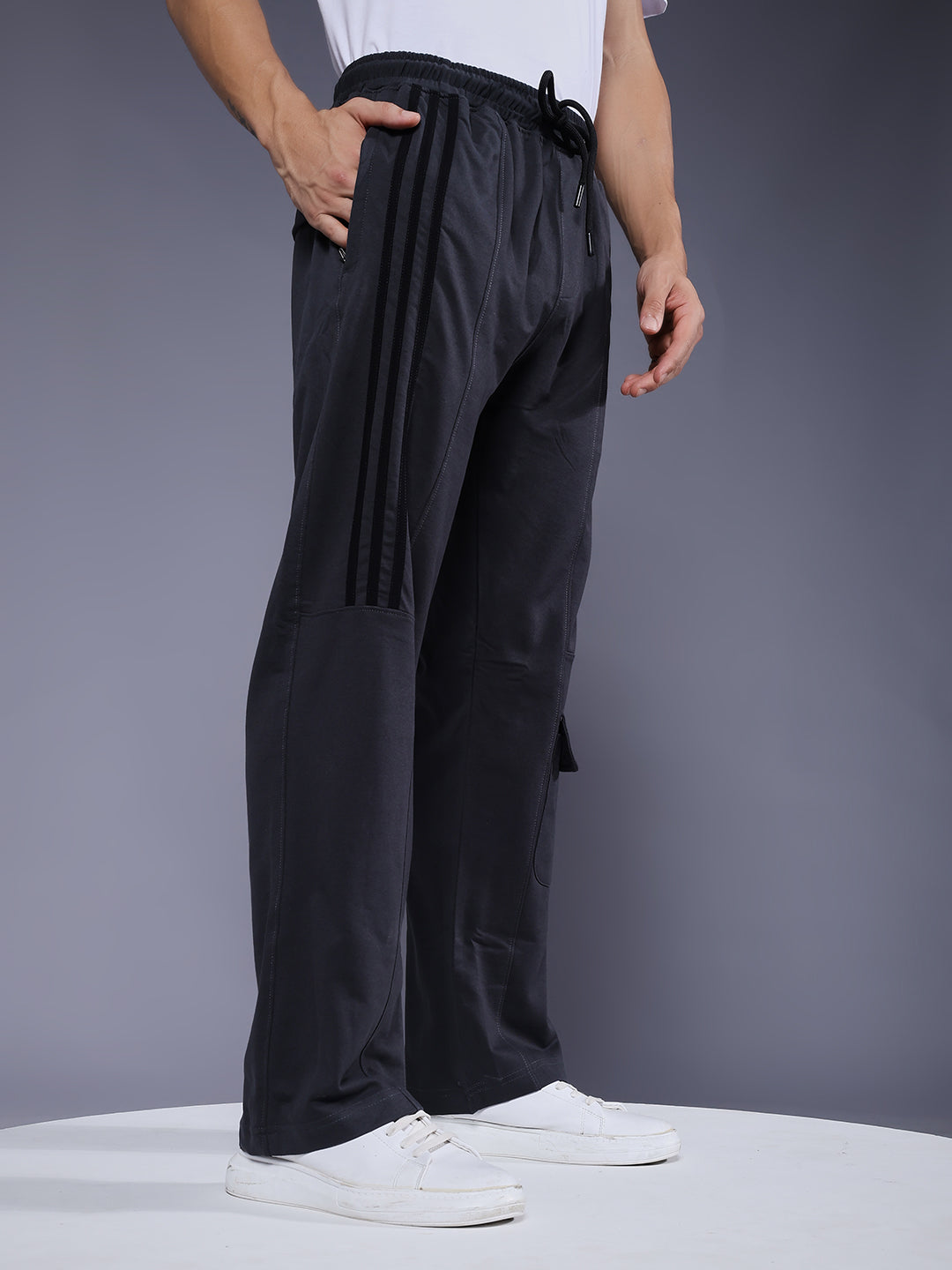 Men Premium Terry Cargo Pants with Side Stripes - Dark Grey
