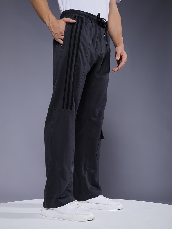 Men Premium Terry Cargo Pants with Side Stripes - Dark Grey