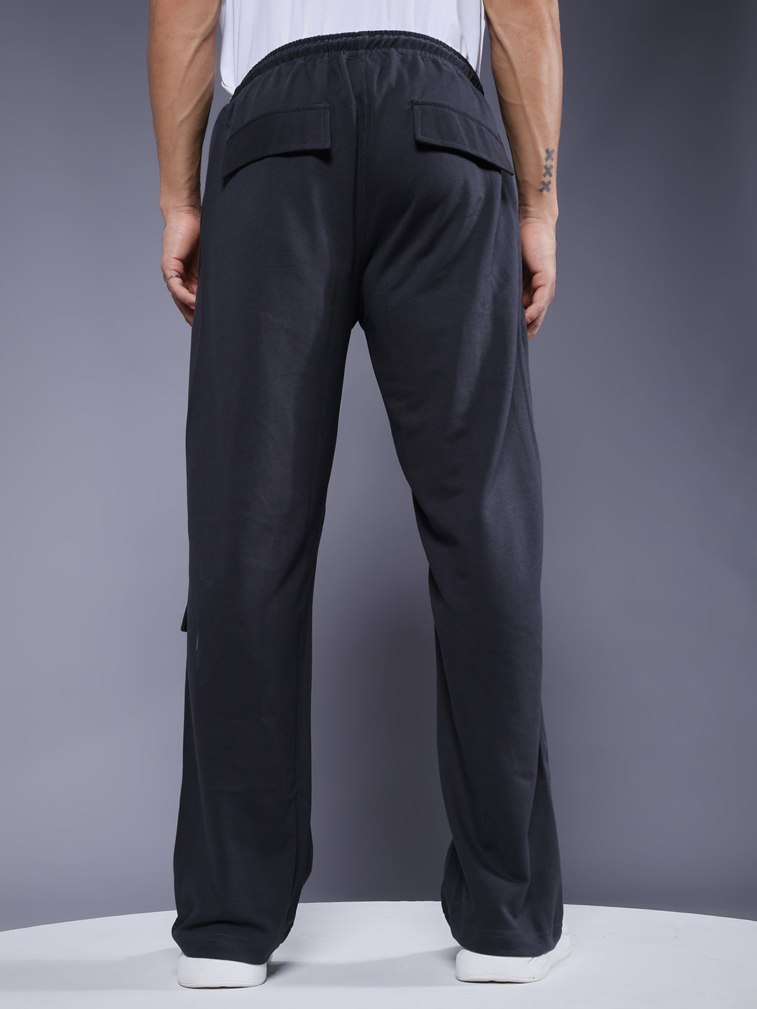 Men Premium Terry Cargo Pants with Side Stripes - Dark Grey