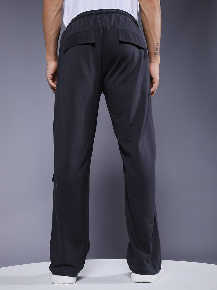 Men Premium Terry Cargo Pants with Side Stripes - Dark Grey