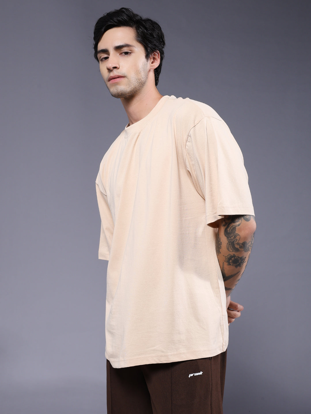 Solid Men Oversized T-Shirt - Beige