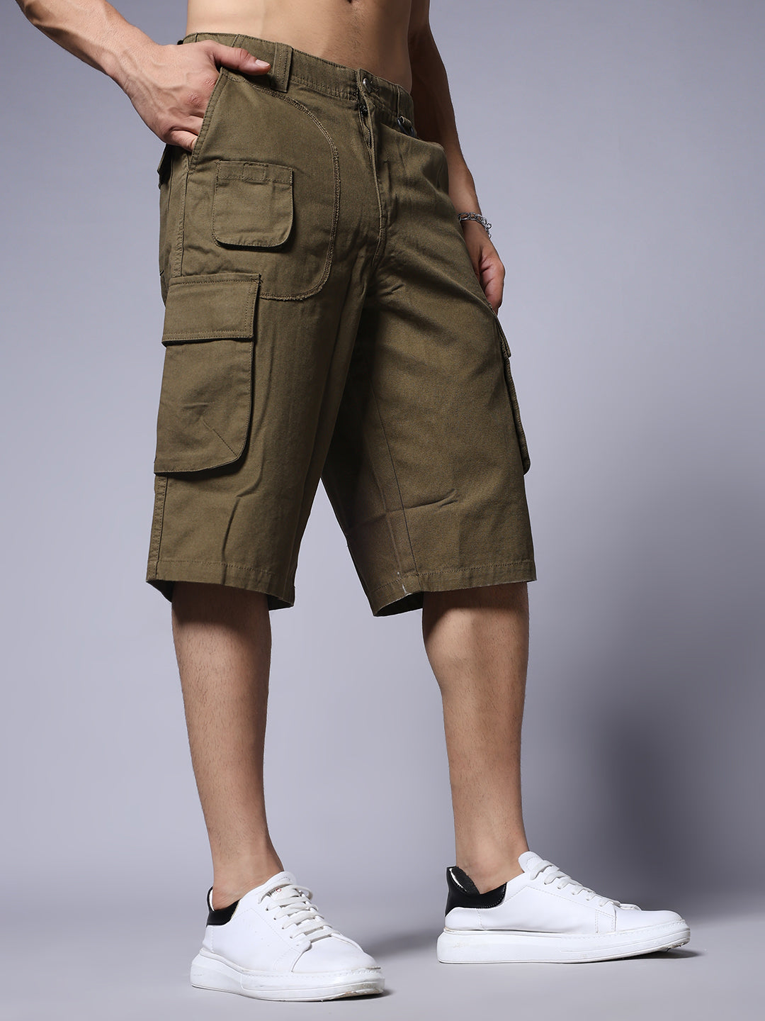 Men's Cotton Utility Cargo Shorts with Multi-Pockets – Olive Green