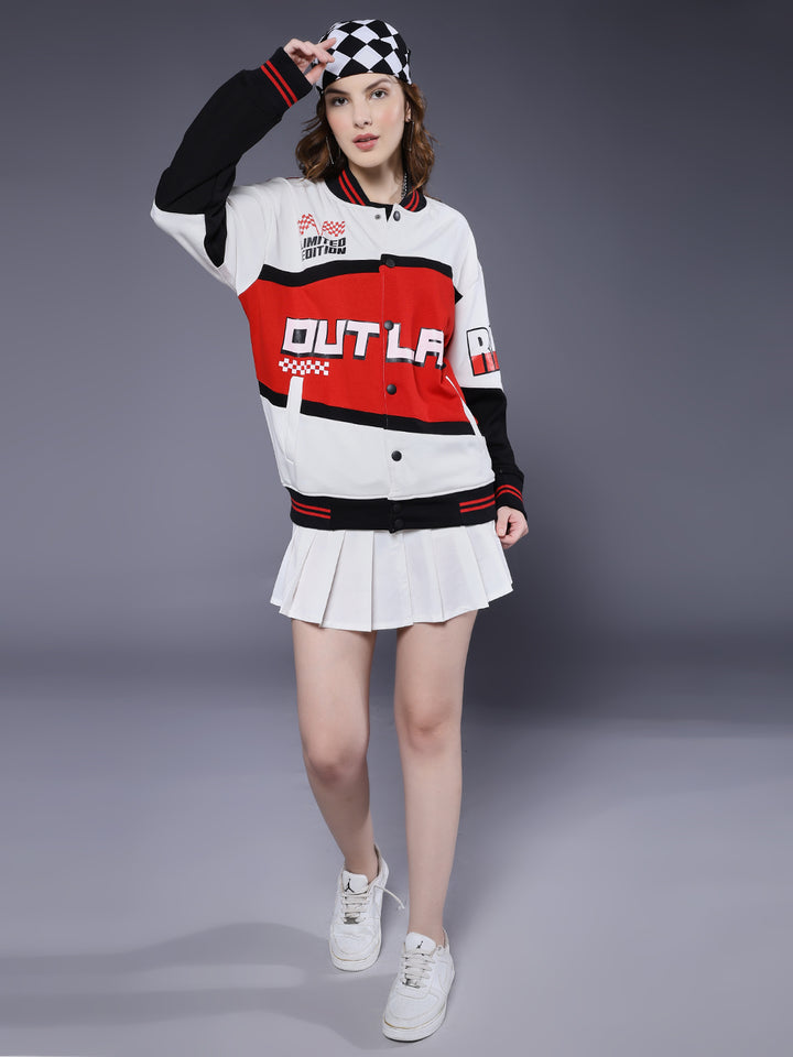Women Graphic Printed Varsity Bomber Jacket