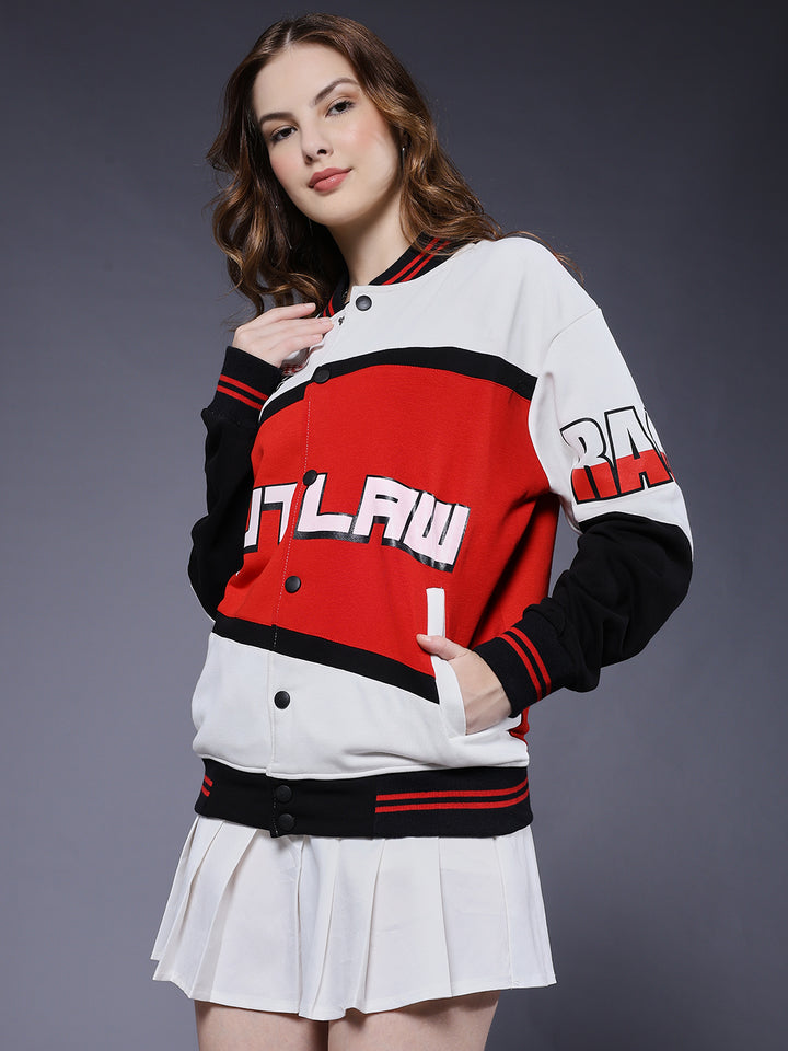 Women Graphic Printed Varsity Bomber Jacket
