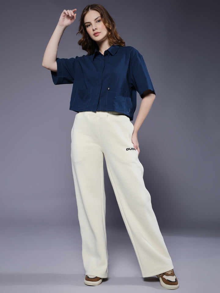 Women Solid Crop Shirt - Navy