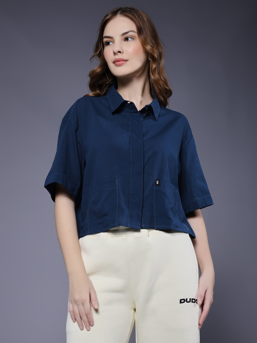 Women Solid Crop Shirt - Navy