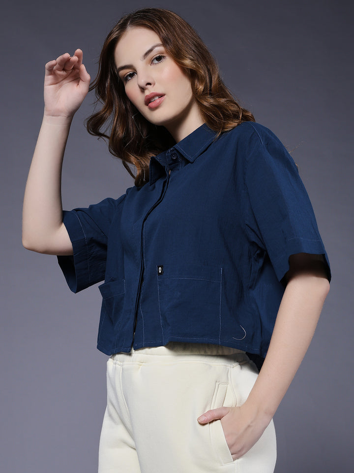 Women Solid Crop Shirt - Navy