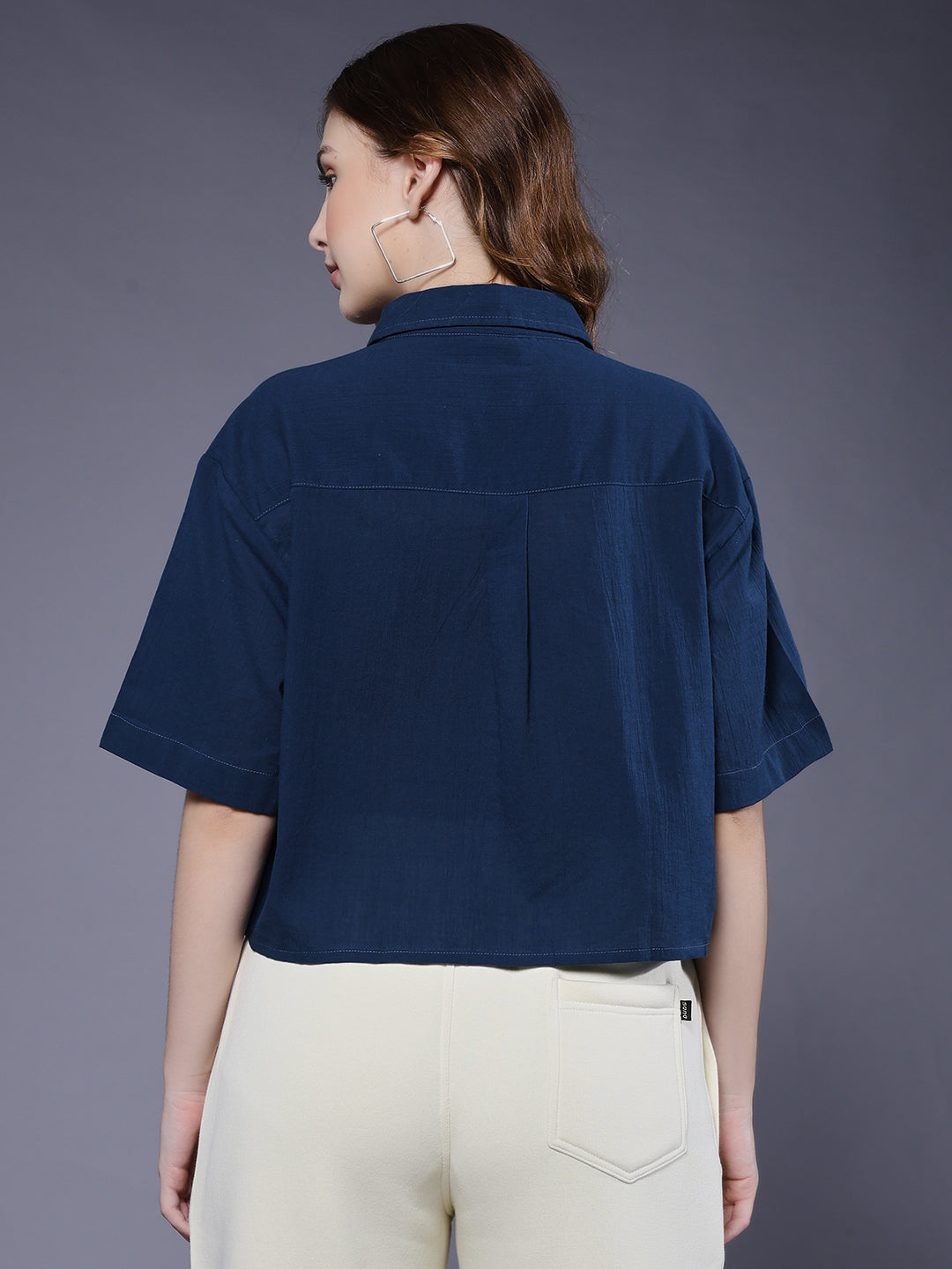 Women Solid Crop Shirt - Navy