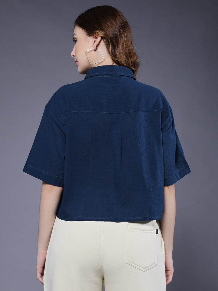Women Solid Crop Shirt - Navy
