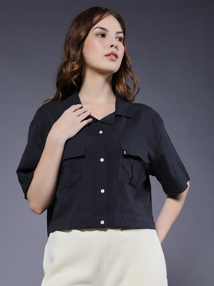 Women Solid Crop Shirt - Dark Grey