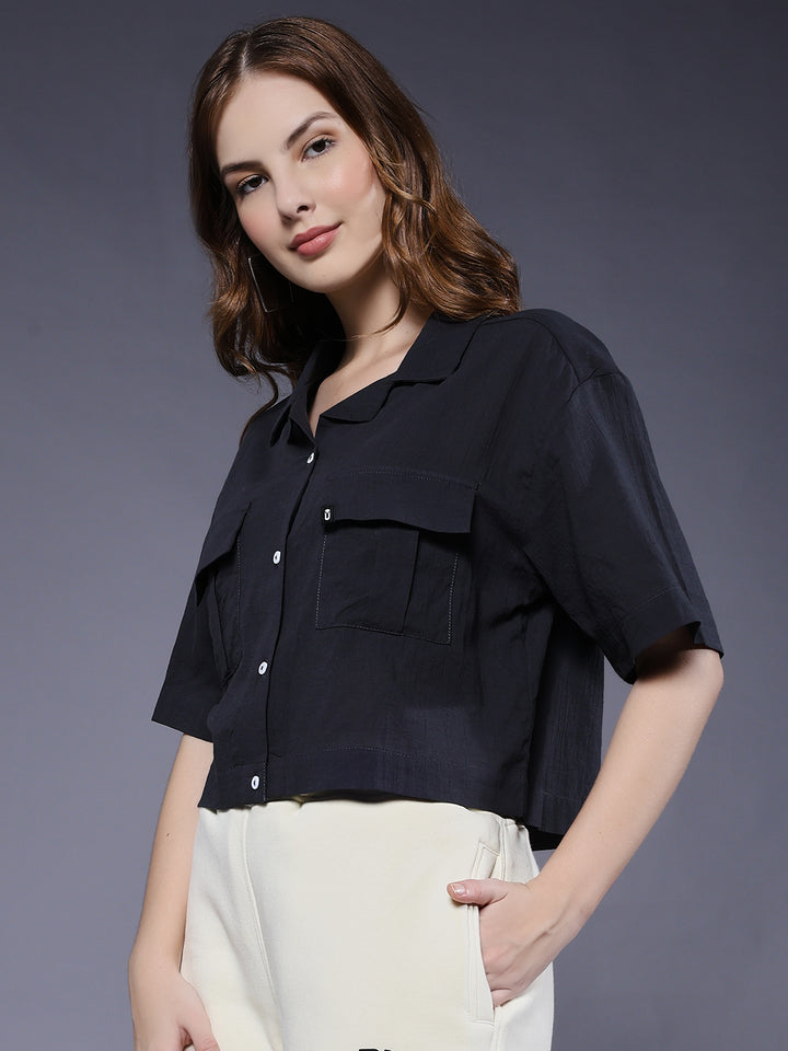 Women Solid Crop Shirt - Dark Grey