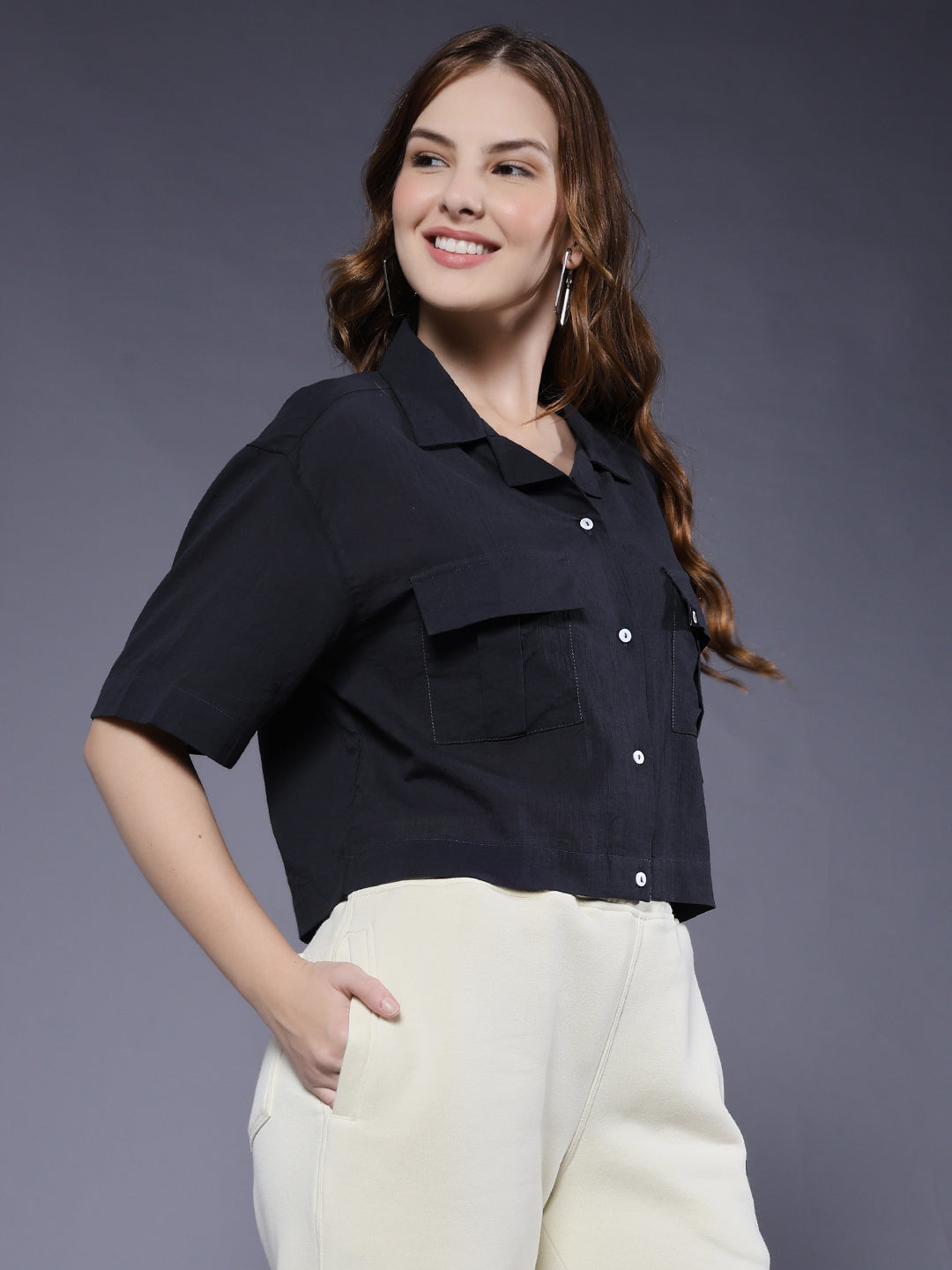 Women Solid Crop Shirt - Dark Grey