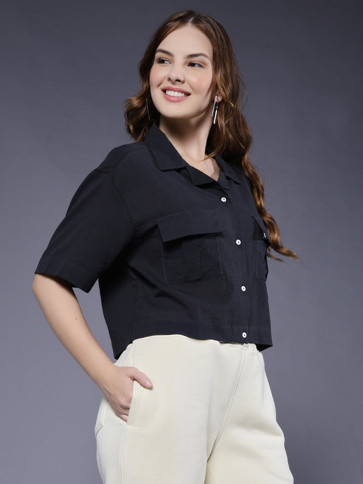 Women Solid Crop Shirt - Dark Grey
