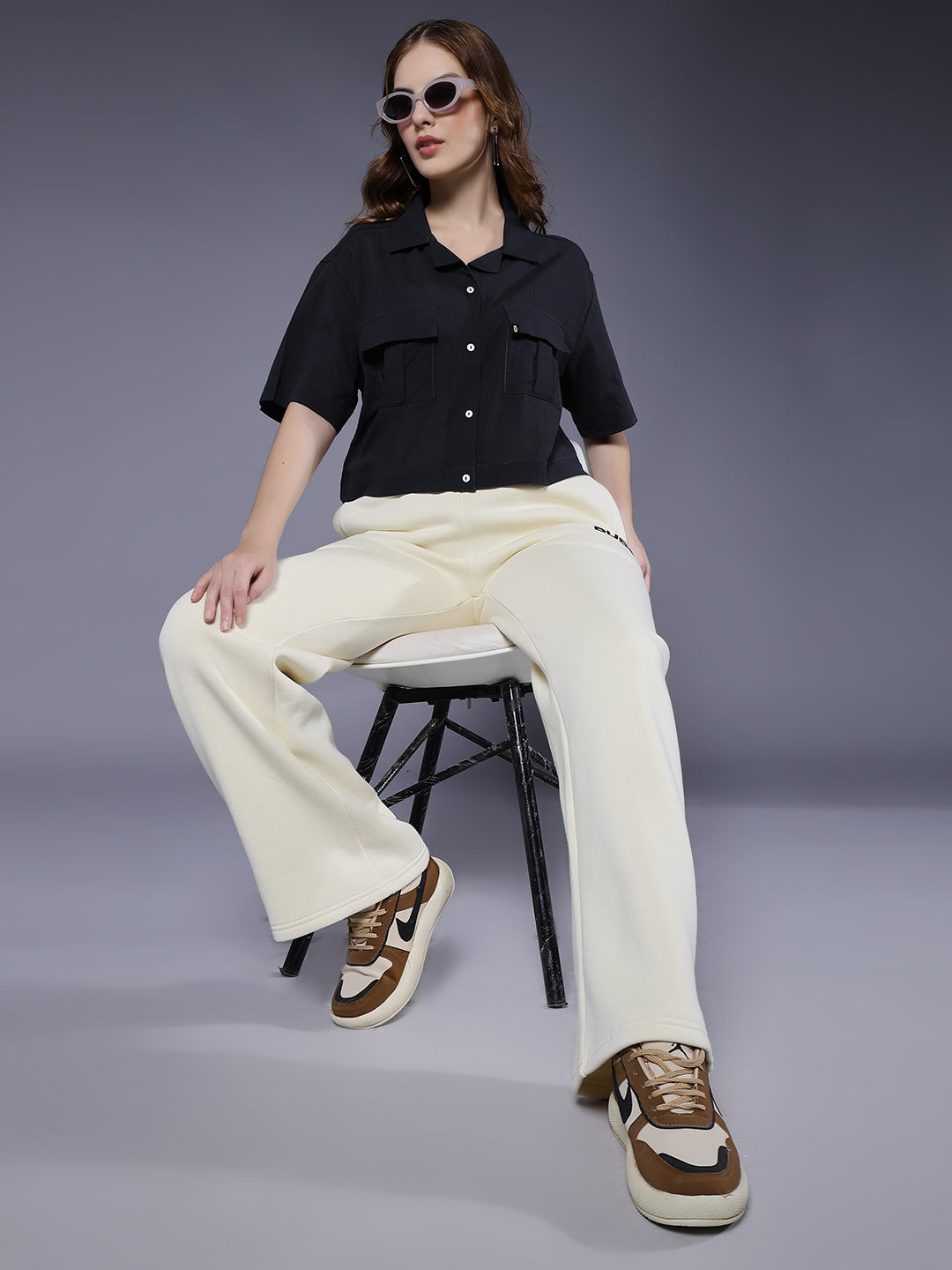 Women Solid Crop Shirt - Dark Grey