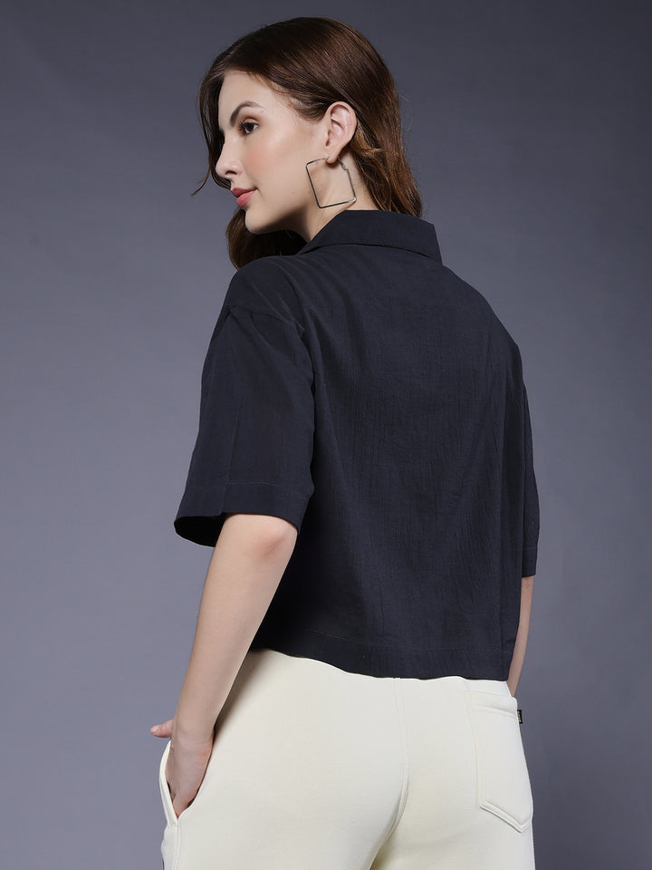 Women Solid Crop Shirt - Dark Grey