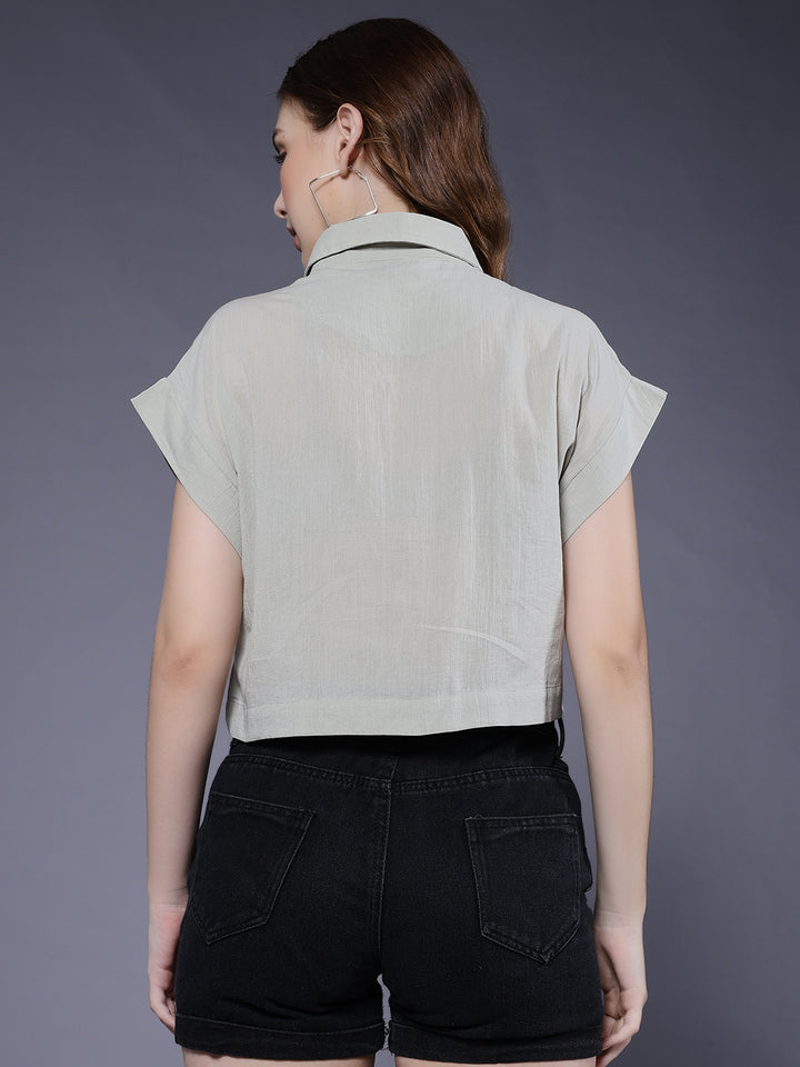 Women Solid Crop Shirt - Mint Green