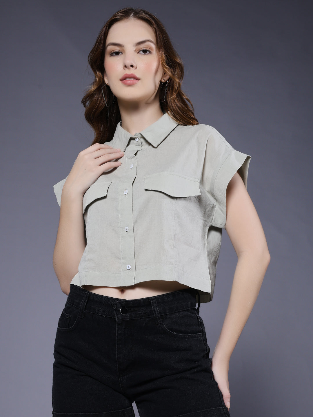 Women Solid Crop Shirt - Mint Green