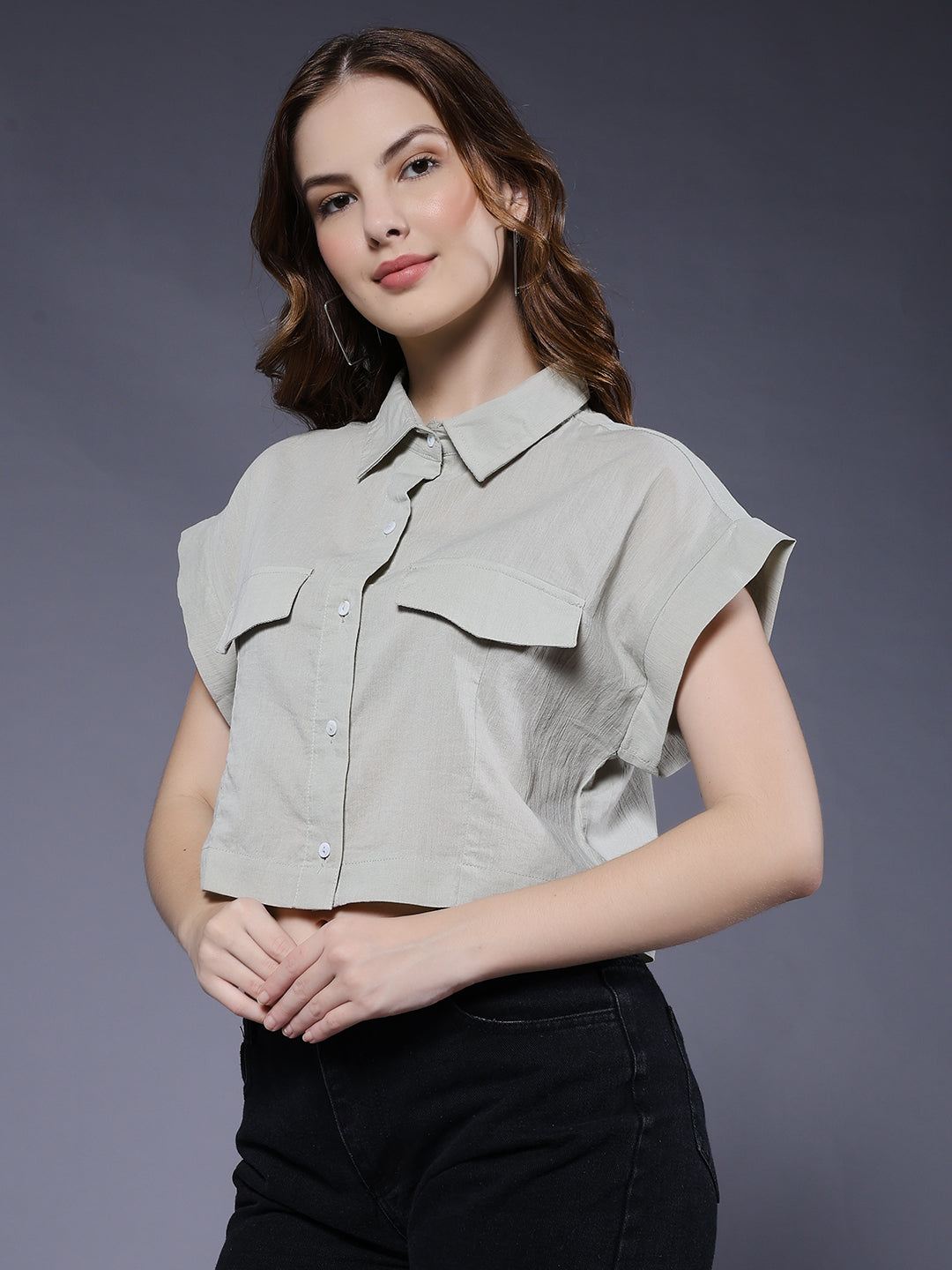 Women Solid Crop Shirt - Mint Green