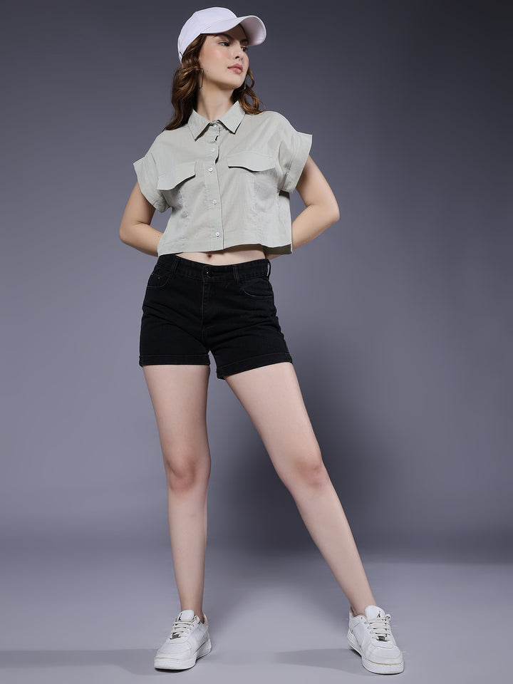 Women Solid Crop Shirt - Mint Green