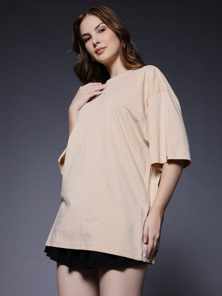 Solid Women Oversized T-Shirt - Beige