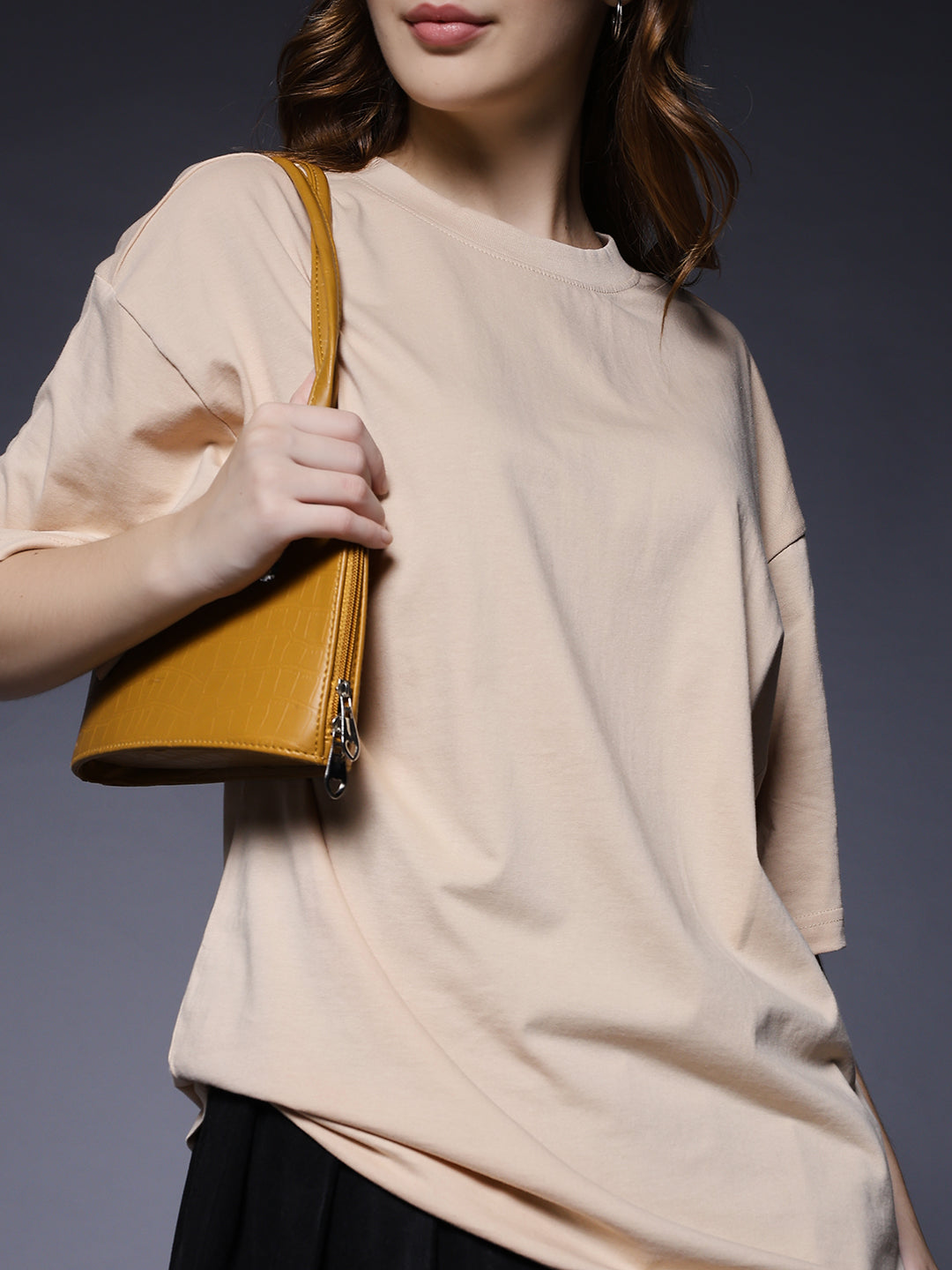 Solid Women Oversized T-Shirt - Beige