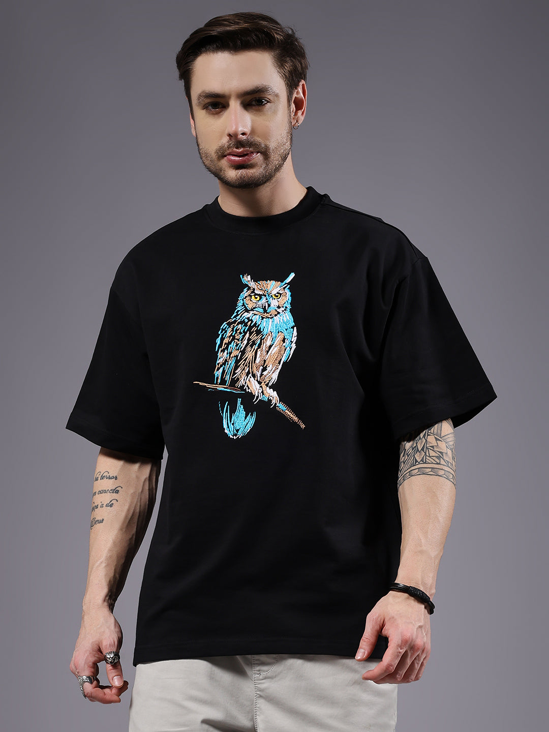 Owl Embroidered Men Premium Oversized Terry T-shirt