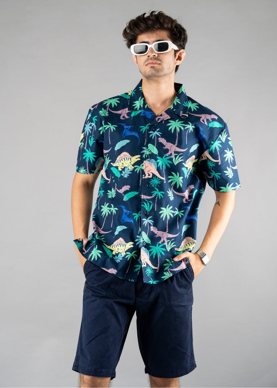 Mens Cuban Collar Printed Casual Shirt