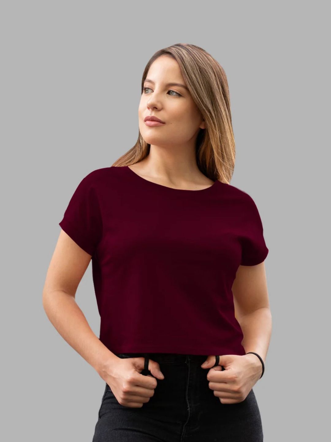 Solid Women Half Sleeve Crop Top - Wine