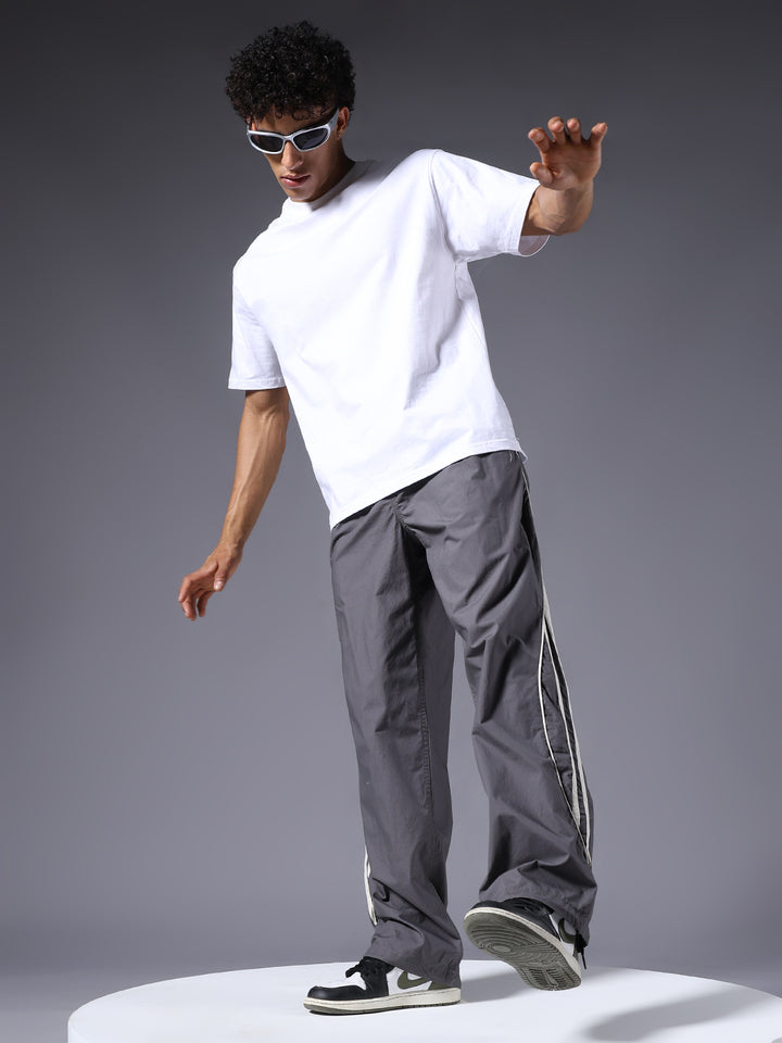 Parachute Pants For Men - Grey with White Stripe
