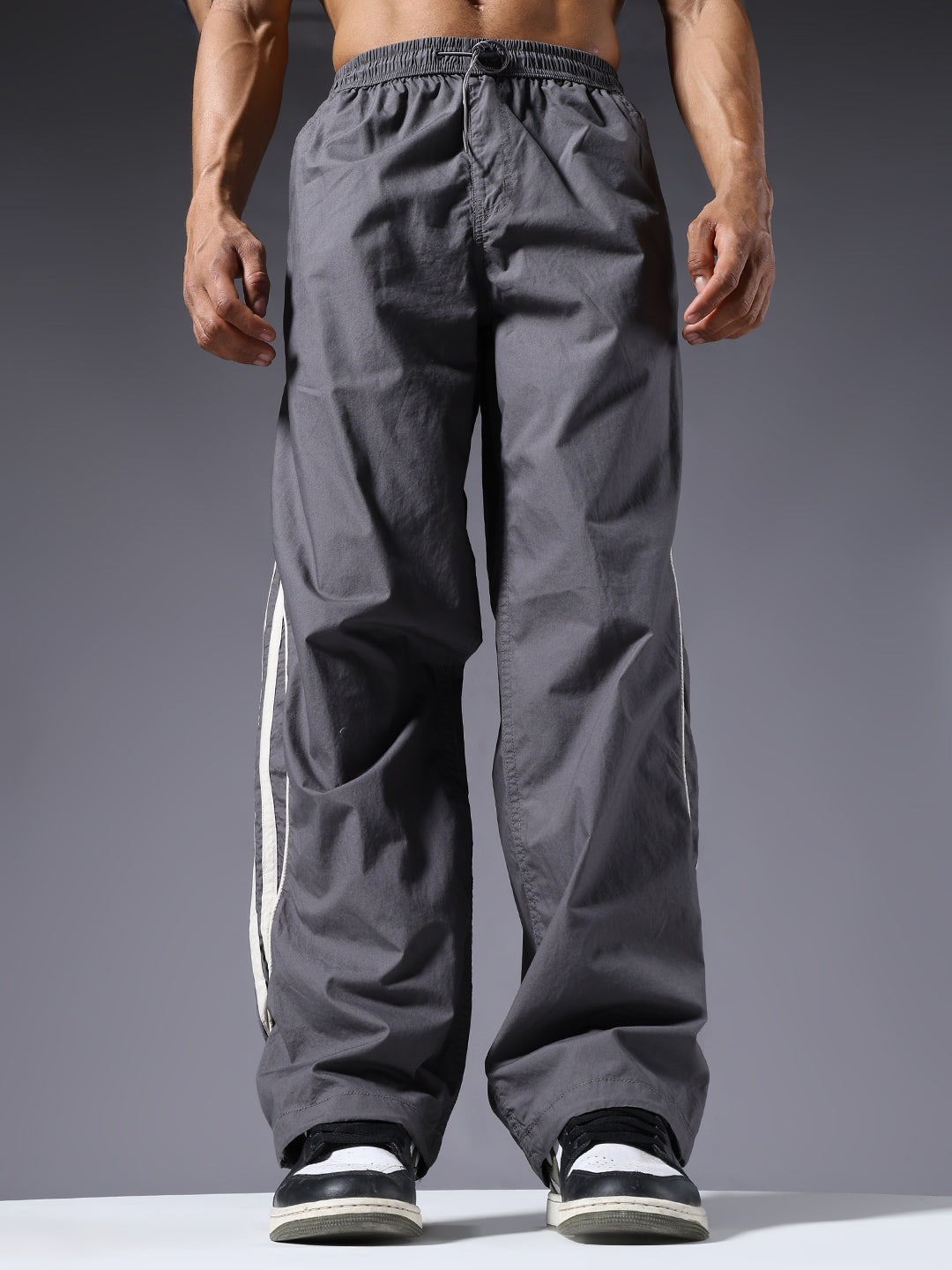 Parachute Pants For Men - Grey with White Stripe
