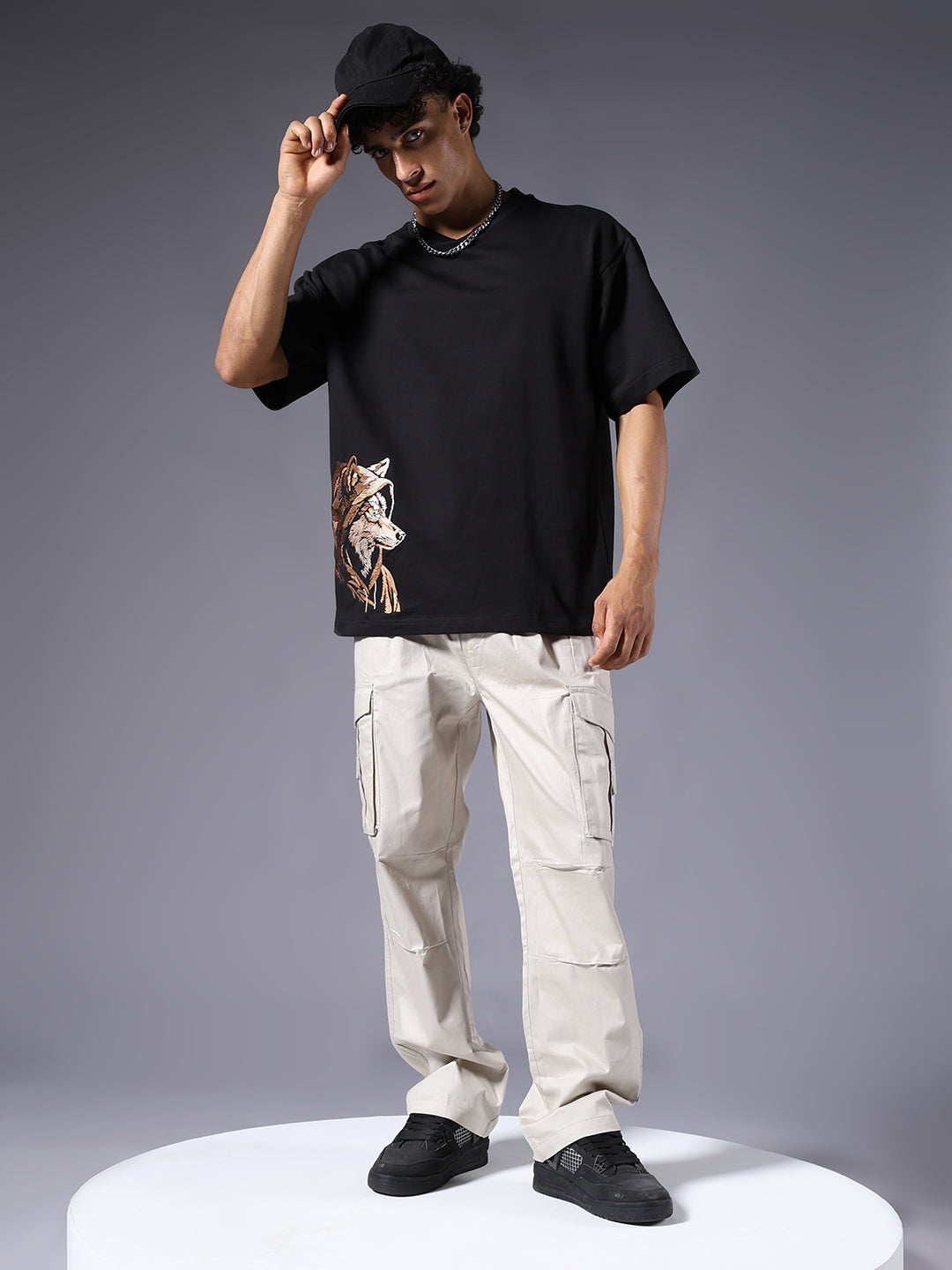 Wolf Embroidered Men Oversized Black Terry T-Shirt