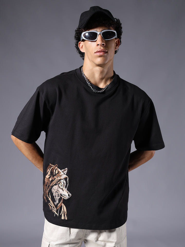 Wolf Embroidered Men Oversized Black Terry T-Shirt