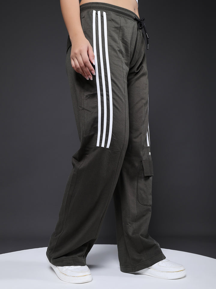 Women Premium Terry Cargo Pants with Side Stripes - Olive Green