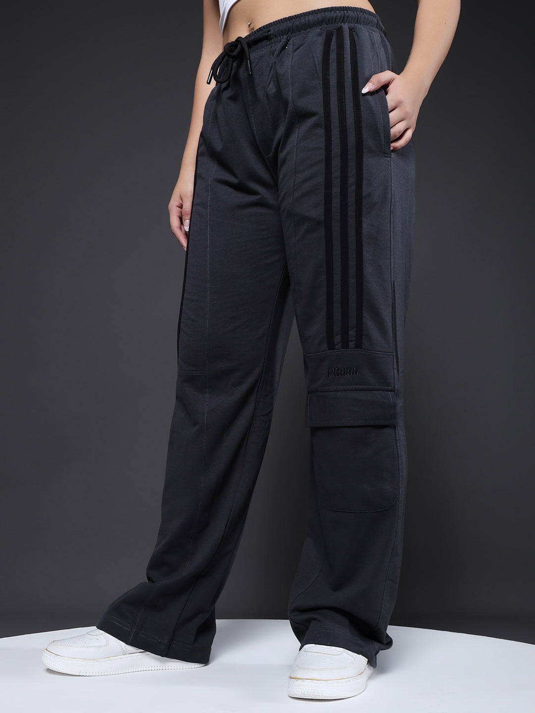 Women Premium Terry Cargo Pants with Side Stripes - Dark Grey