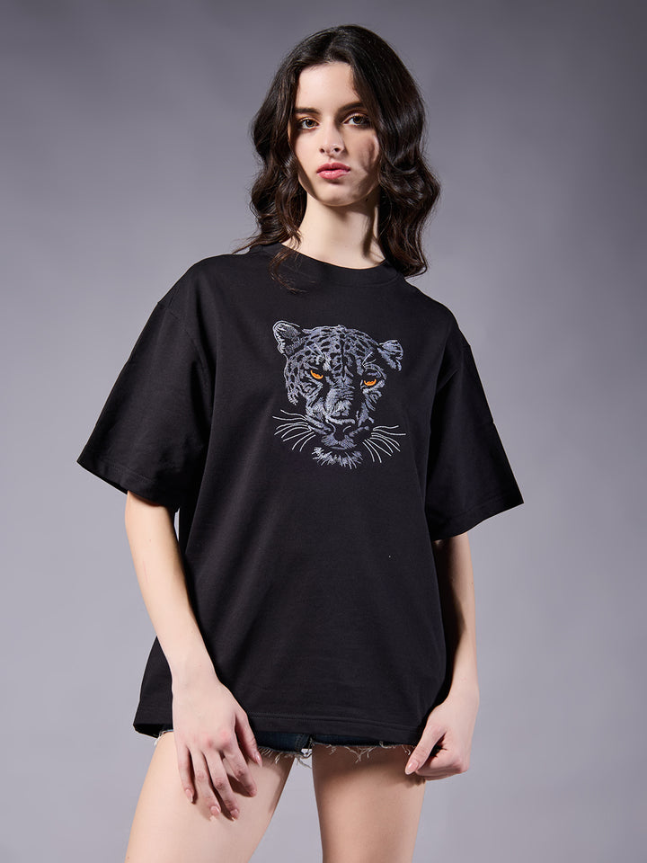Panther Embroidered women Premium Oversized Terry T-shirt