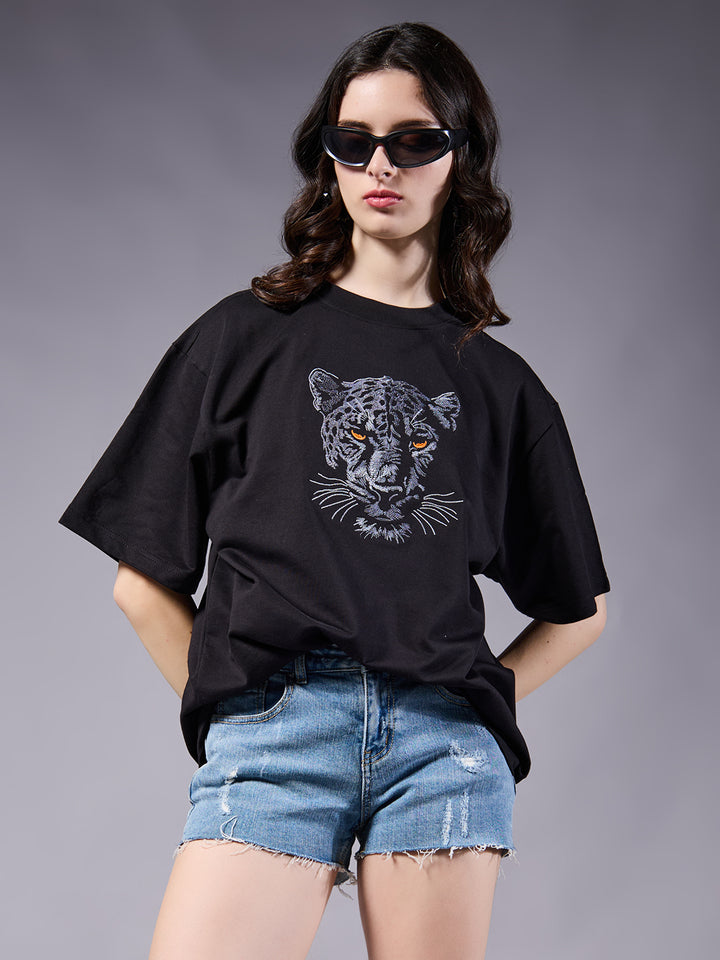 Panther Embroidered women Premium Oversized Terry T-shirt