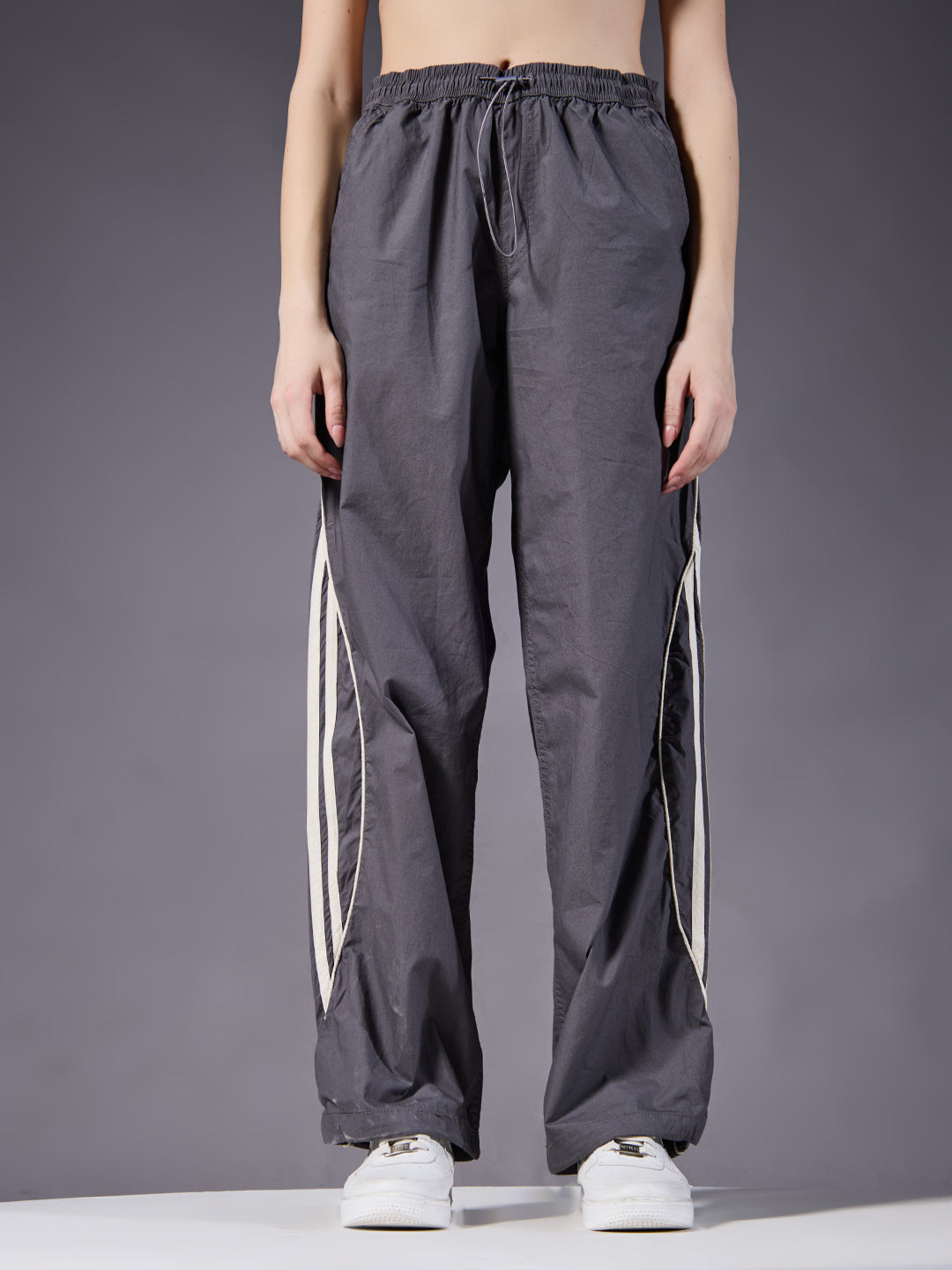 Parachute Pants For Women - Grey with White Stripe