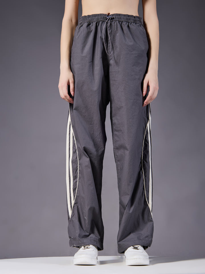 Parachute Pants For Women - Grey with White Stripe