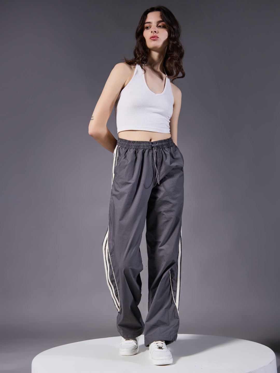 Parachute Pants For Women - Grey with White Stripe