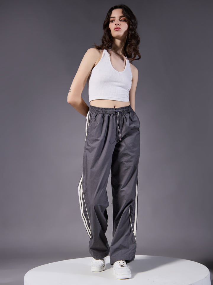 Parachute Pants For Women - Grey with White Stripe