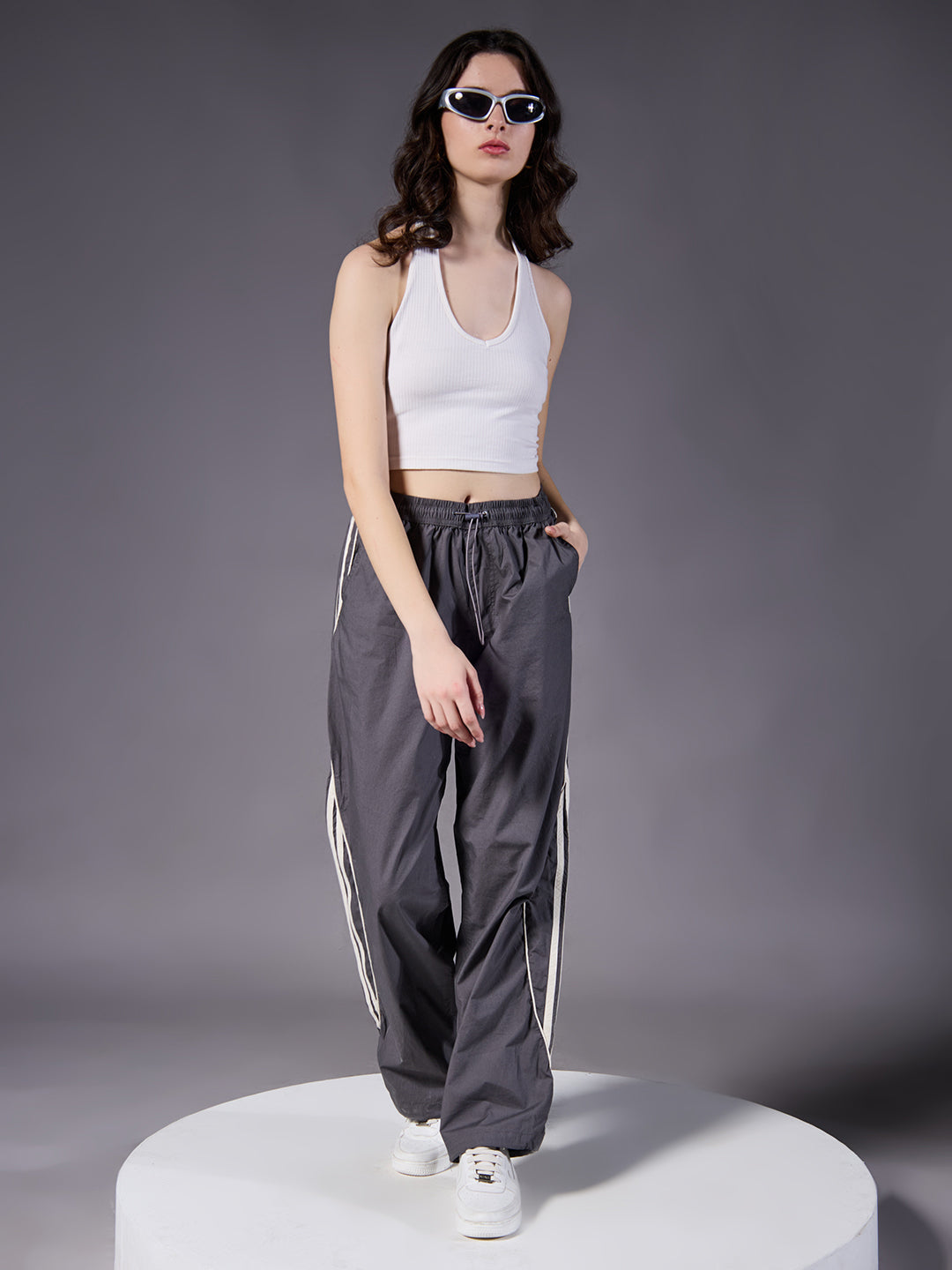Parachute Pants For Women - Grey with White Stripe