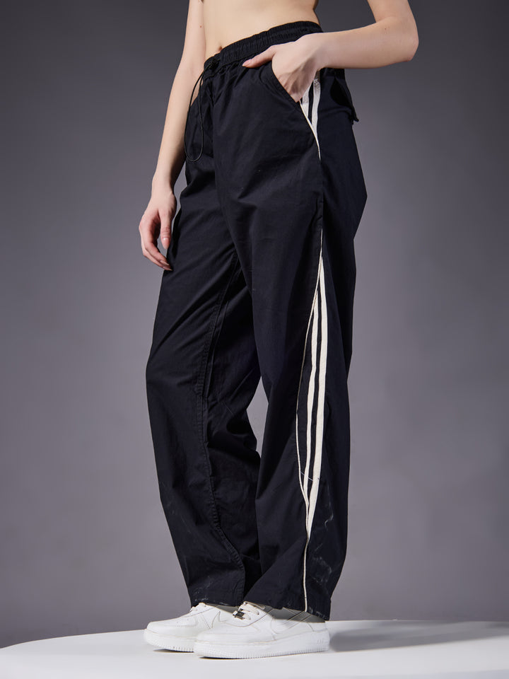 Parachute Pants For Women - Black with White Stripe