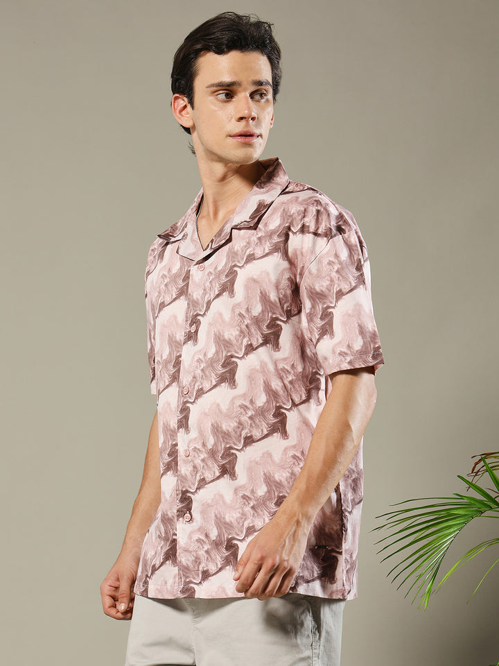 Mens Cuban Collar Printed Casual Shirt