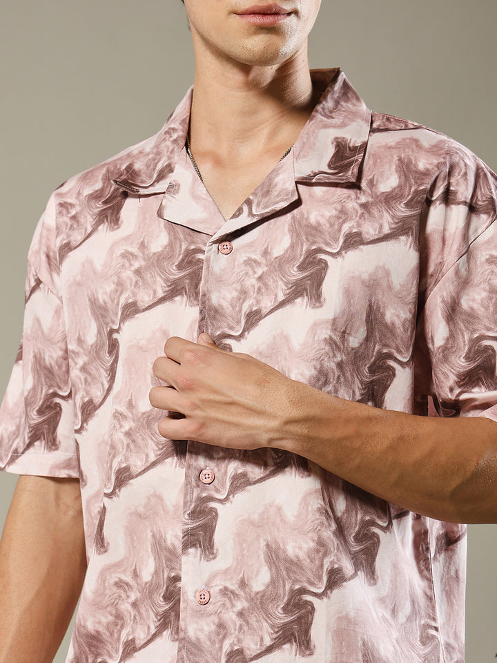 Mens Cuban Collar Printed Casual Shirt